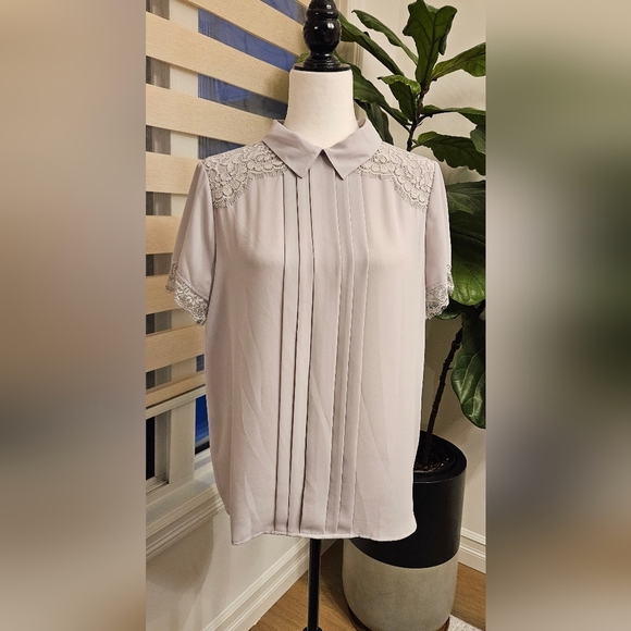 Karl Lagerfeld Tops - Karl Lagerfeld Lace Accent Blouse - Light Gray